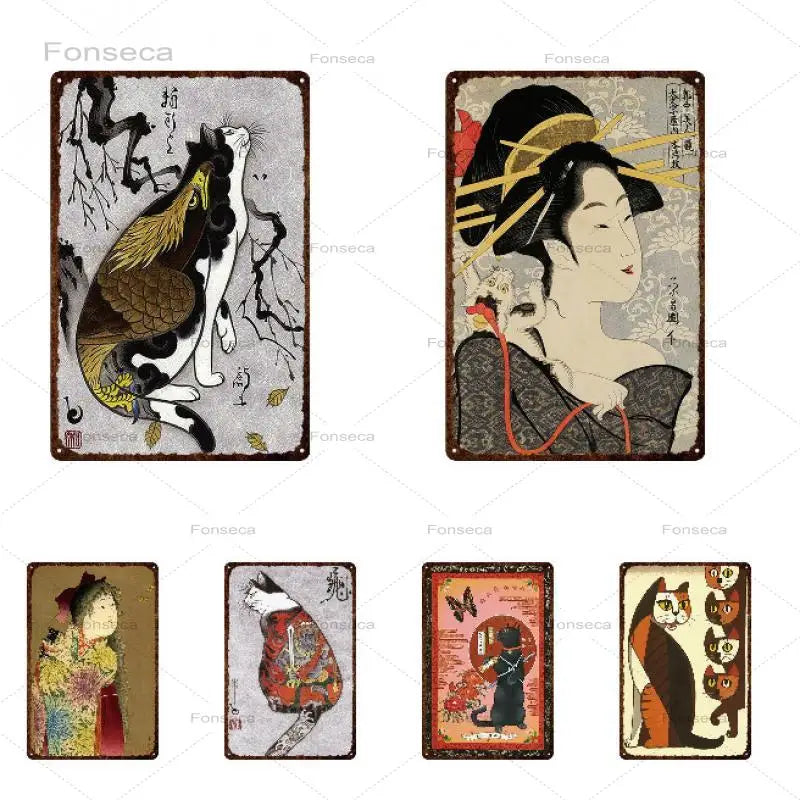 1Pcs Vintage Animals Metal Tin Sign Japanese Samurai Cat Pet Sign Metal Plates For Wall Art Home Decoration Metal Posters Sign