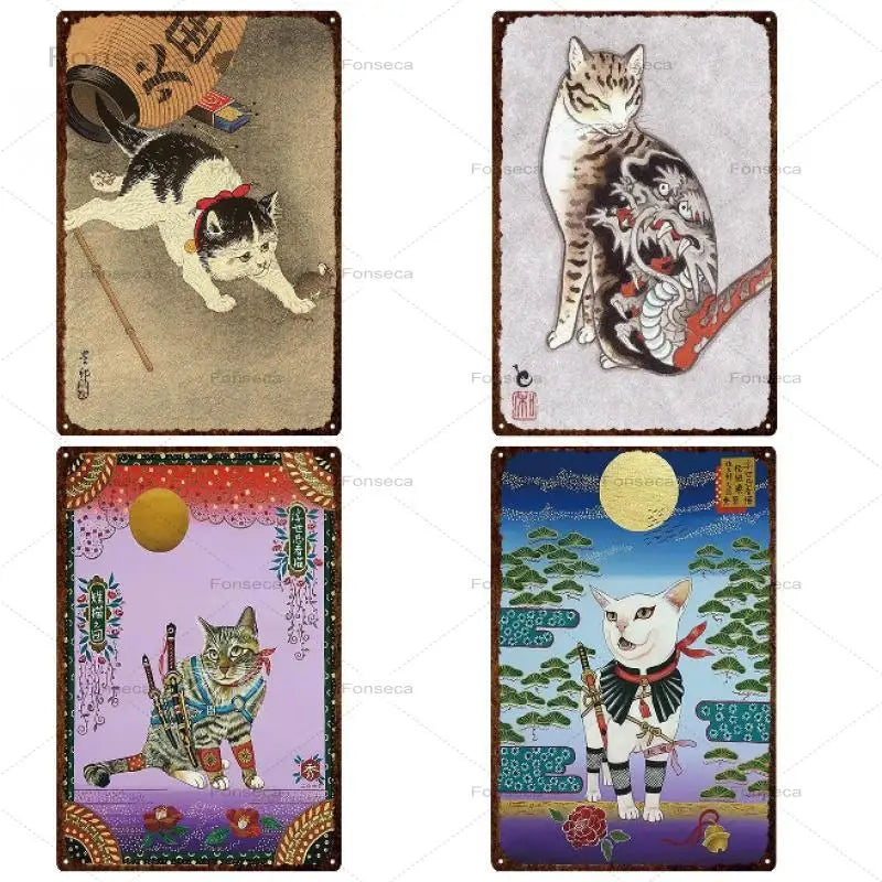 1Pcs Vintage Animals Metal Tin Sign Japanese Samurai Cat Pet Sign Metal Plates For Wall Art Home Decoration Metal Posters Sign