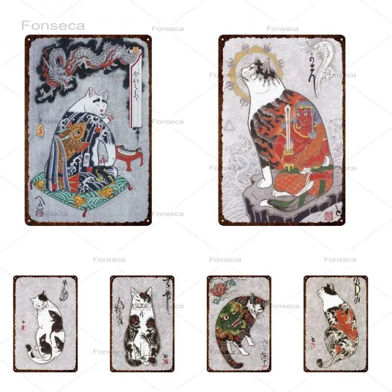 1Pcs Vintage Animals Metal Tin Sign Japanese Samurai Cat Pet Sign Metal Plates For Wall Art Home Decoration Metal Posters Sign