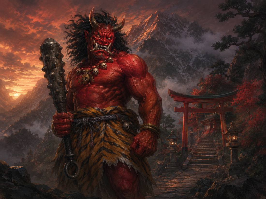 Red Oni from Japanese folklore with horns, tiger-skin garment and kanabo
