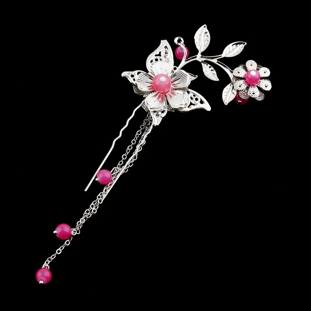 Japanese Kanzashi flower hairpin with bead tassels