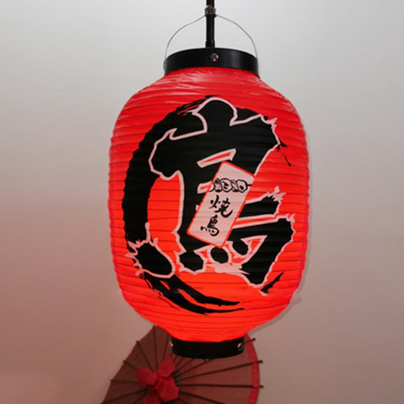 Japanese red hanging lantern with traditional-inspired decorative design