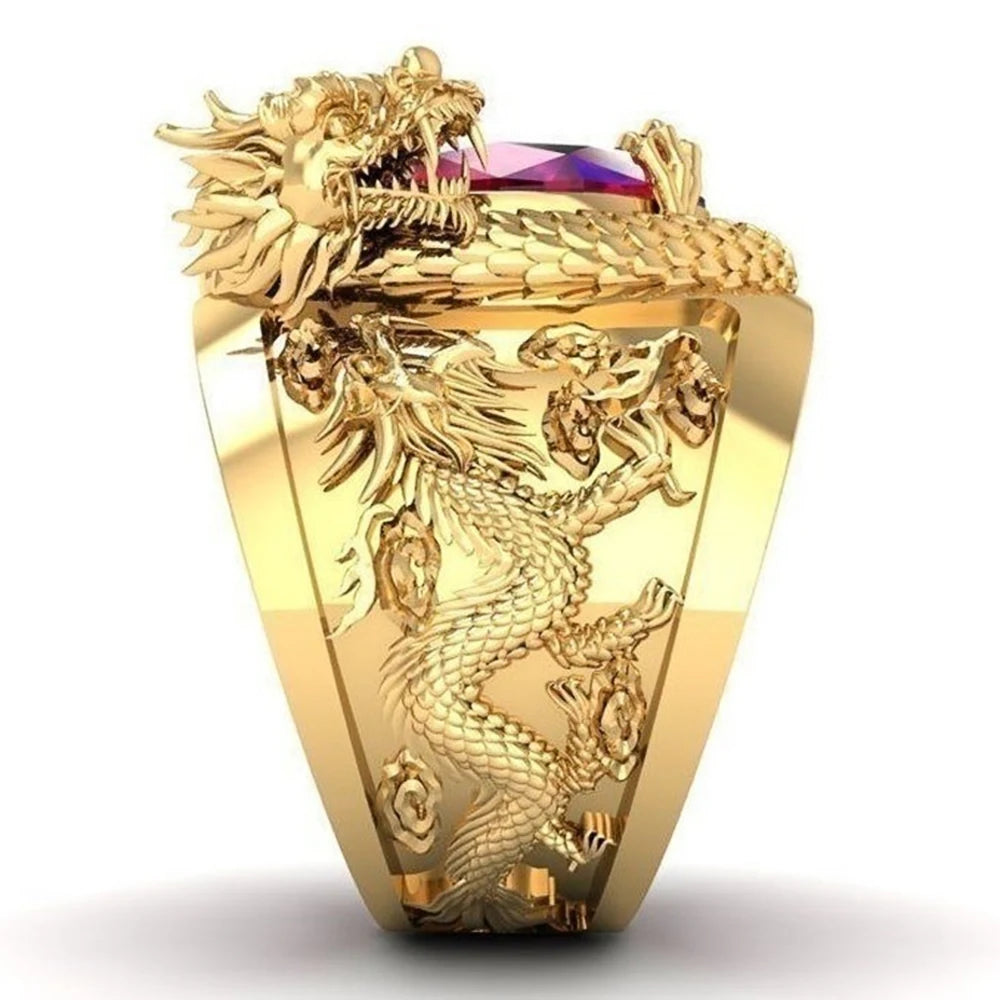 Gold Dragon Red Stone Ring