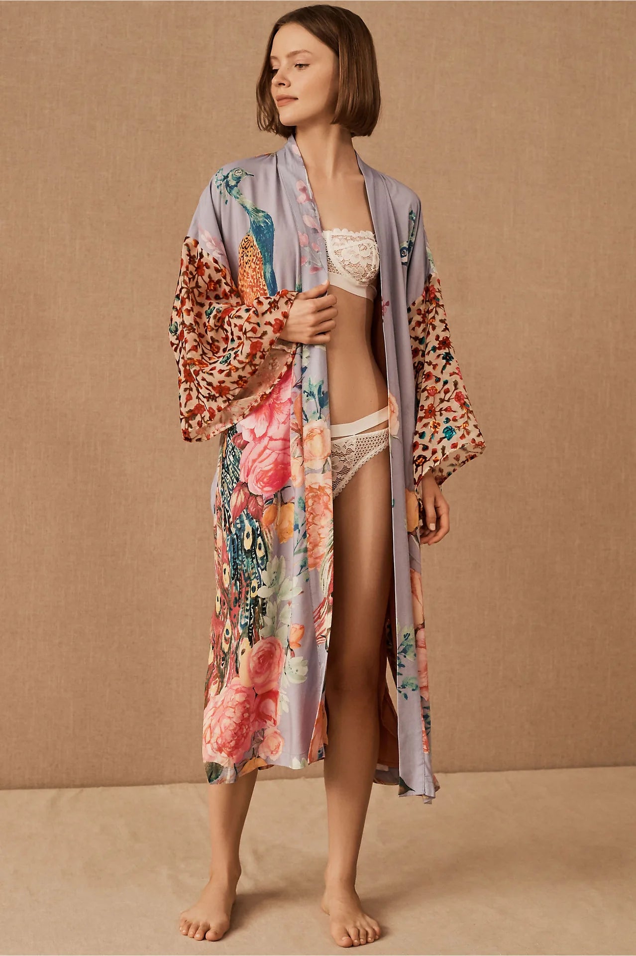 Printing Peacock Kimono Robe