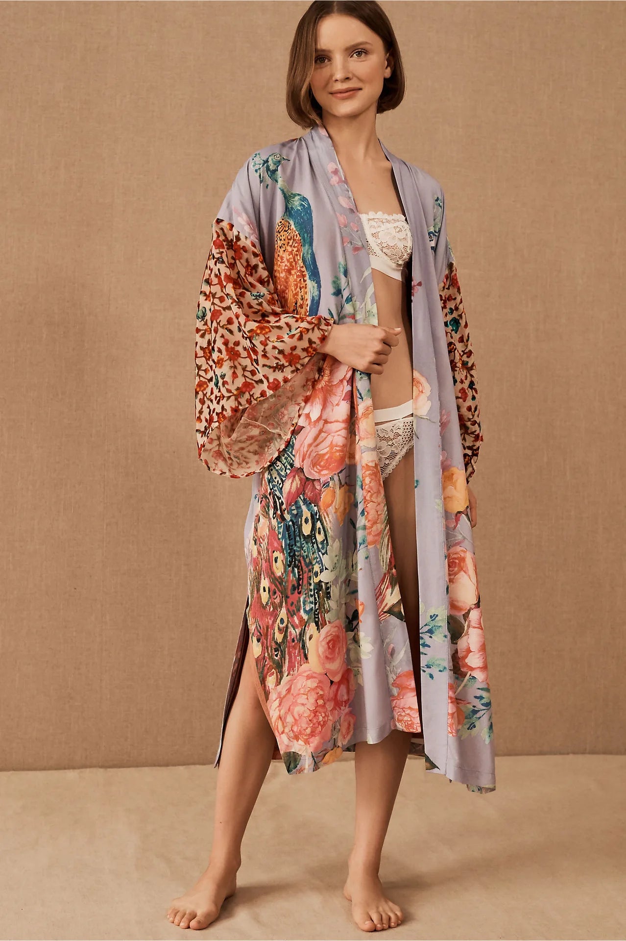 Printing Peacock Kimono Robe