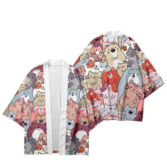 Japanese Cat Print Kimono Cardigan