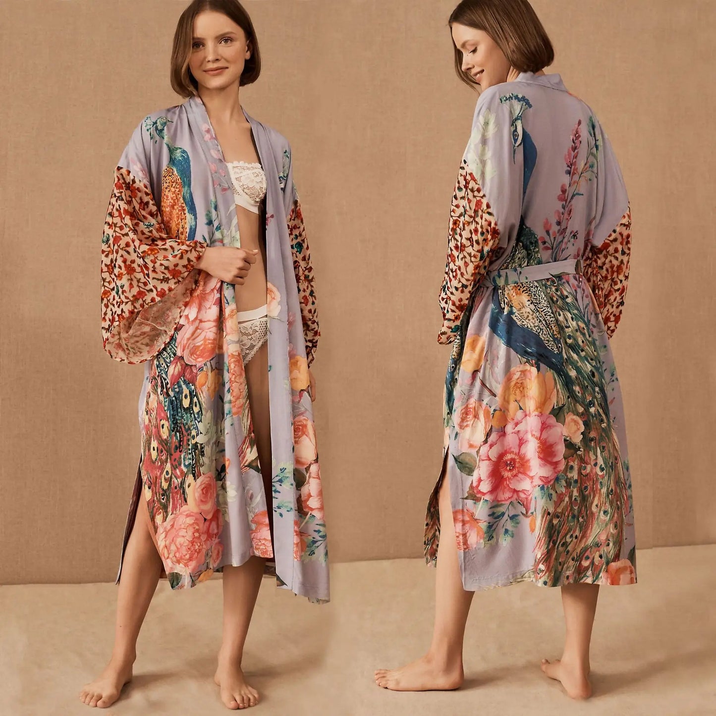 Printing Peacock Kimono Robe